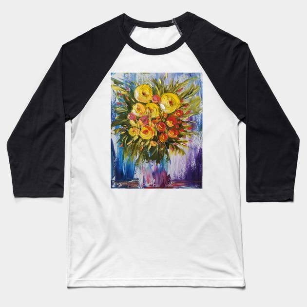 yellow flowers painting, yellow and orange bouquet, flowers in a vase, colorful painting, colorful flowers Baseball T-Shirt by roxanegabriel